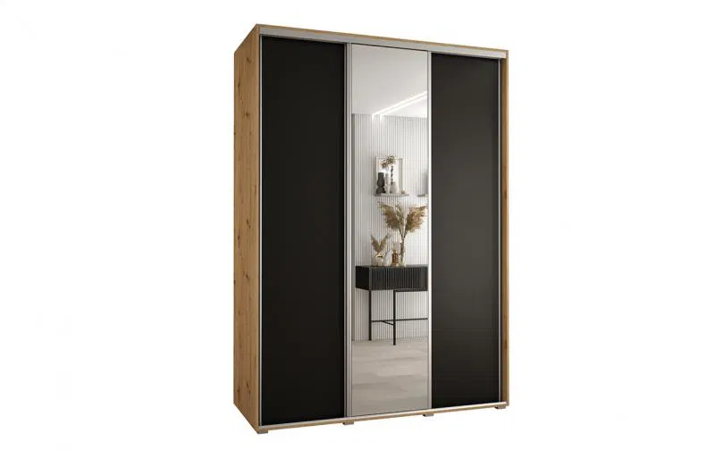 Šatní skříň s posuvnými dveřmi a zrcadlem DAVOS 170cm | DUB Artisan / černá / stříbrné