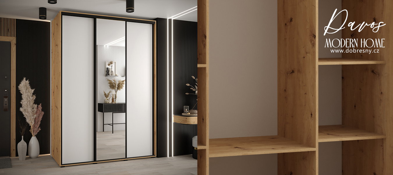 Šatníková skriňa s posuvnými dverami a zrkadlom DAVOS 170cm | DUB Artisan / biela / čierne pojazdy