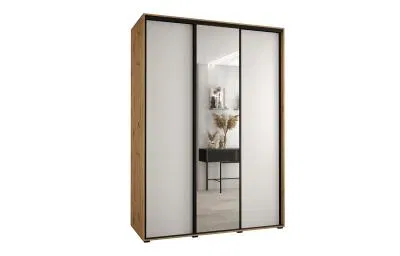 Šatní skříň s posuvnými dveřmi a zrcadlem DAVOS 170cm | DUB Artisan / bílá / černé pojezdy