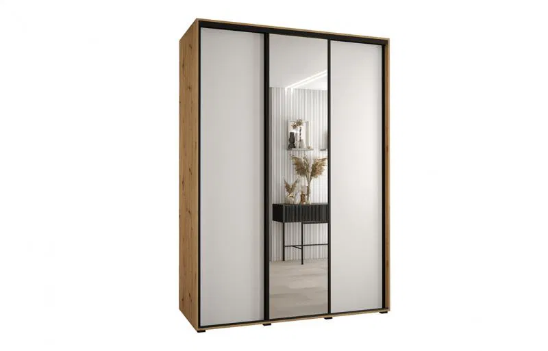 Šatní skříň s posuvnými dveřmi a zrcadlem DAVOS 170cm | DUB Artisan / bílá / černé pojezdy