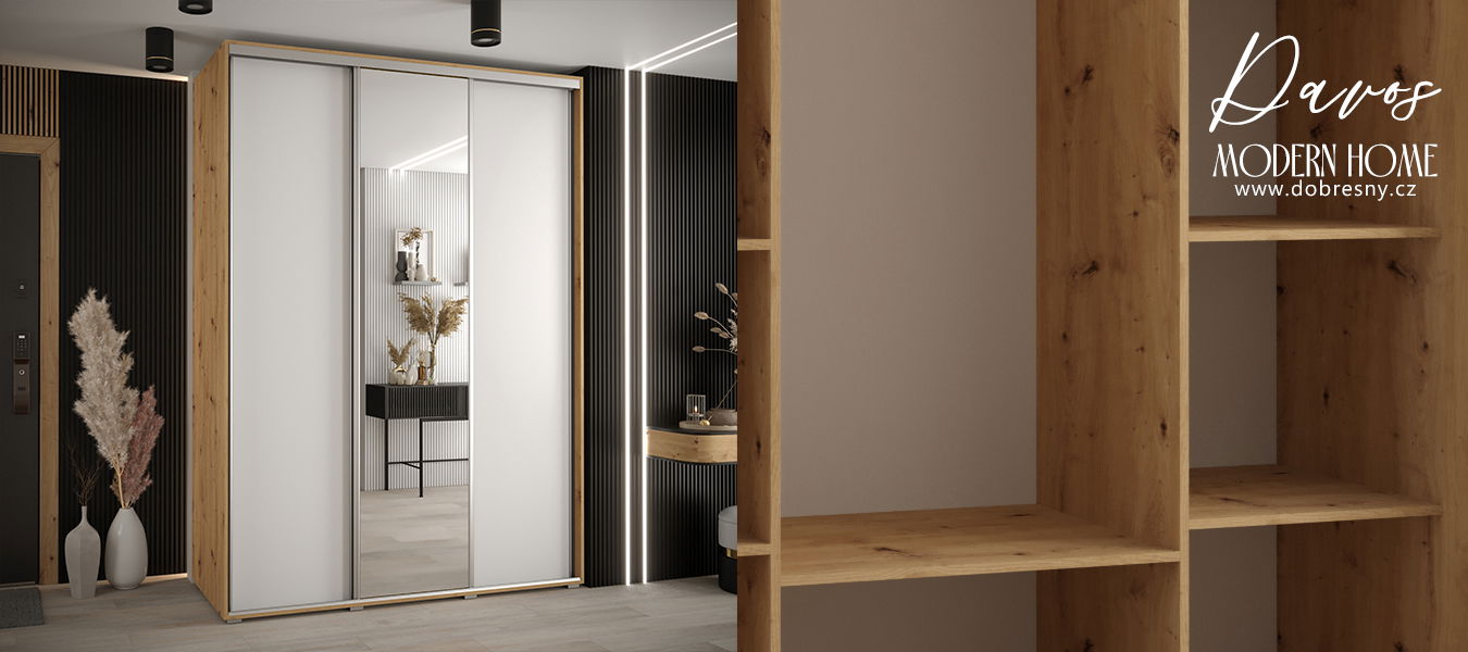 Šatníková skriňa s posuvnými dverami a zrkadlom DAVOS 170cm | DUB Artisan / biela / strieborné