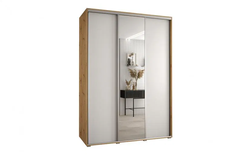 Šatní skříň s posuvnými dveřmi a zrcadlem DAVOS 170cm | DUB Artisan / bílá / stříbrné