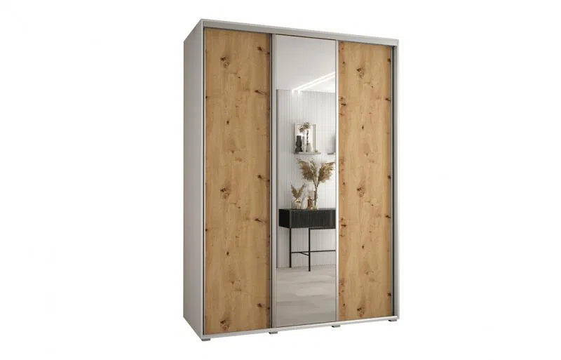 Šatní skříň s posuvnými dveřmi a zrcadlem DAVOS 170cm | Bílá / DUB Artisan / stříbrné