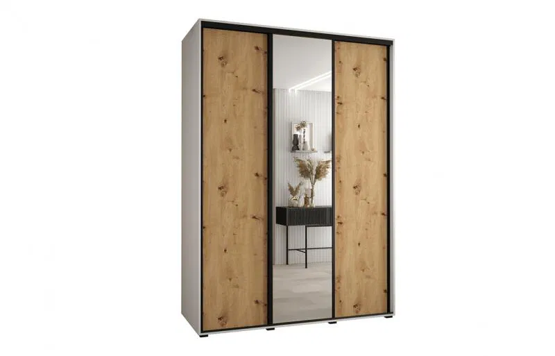 Šatní skříň s posuvnými dveřmi a zrcadlem DAVOS 170cm | Bílá / DUB Artisan / černé pojezdy