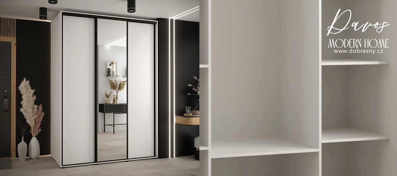 Šatní skříň s posuvnými dveřmi a zrcadlem DAVOS 170 cm | Bílá / černé pojezdy