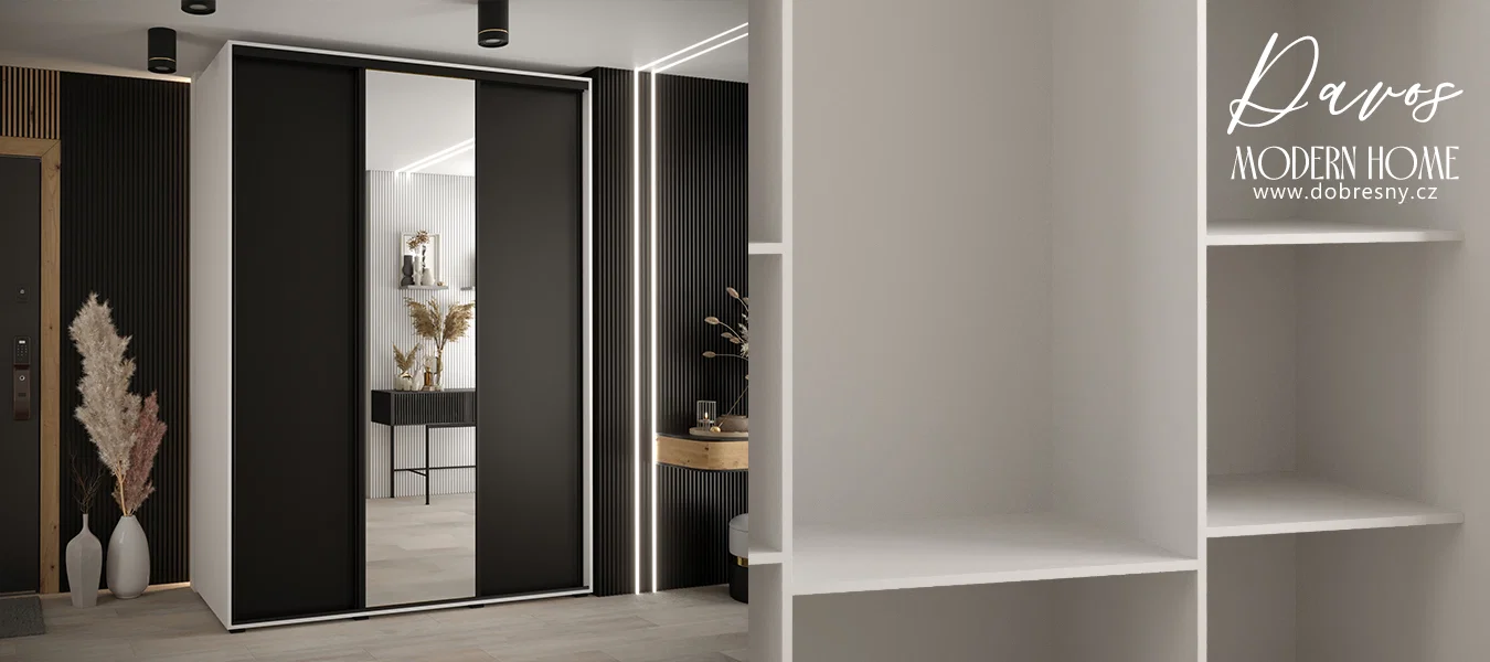 Šatní skříň s posuvnými dveřmi a zrcadlem DAVOS 170cm | Bílá / černá / černé pojezdy