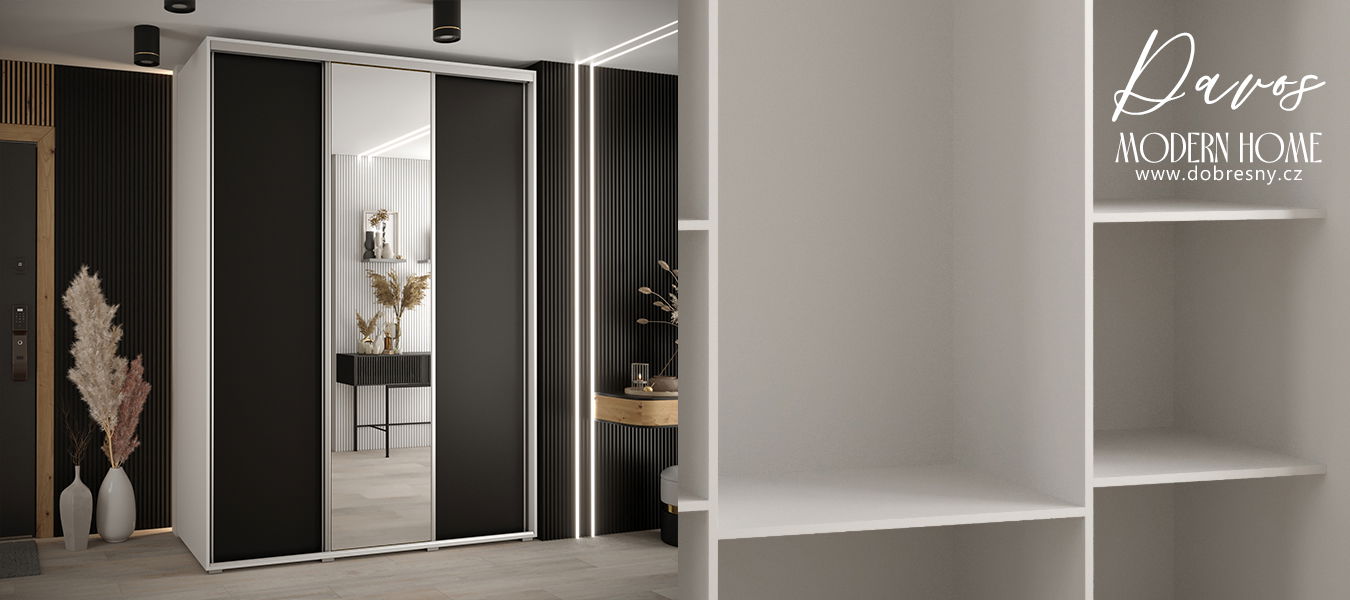 Šatníková skriňa s posuvnými dverami a zrkadlom DAVOS 170cm | Biela / čierna / strieborné pojazdy