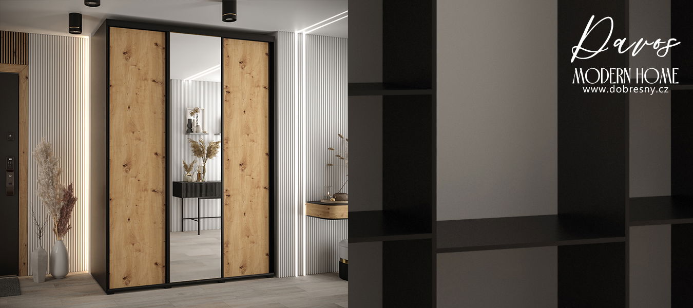 Šatníková skriňa s posuvnými dverami a zrkadlom DAVOS 170cm | Čierna / DUB Artisan / čierne pojazd