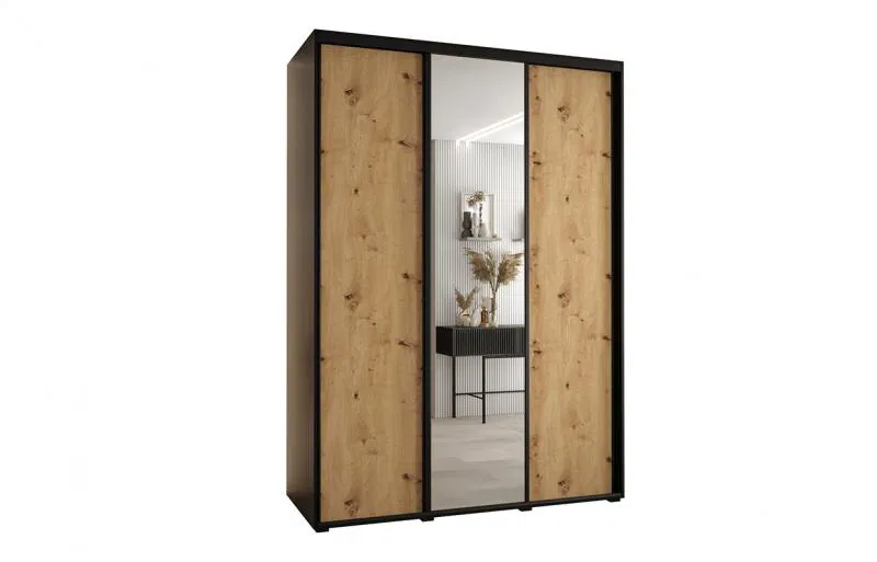 Šatní skříň s posuvnými dveřmi a zrcadlem DAVOS 170cm | Černá / DUB Artisan / černé pojezd