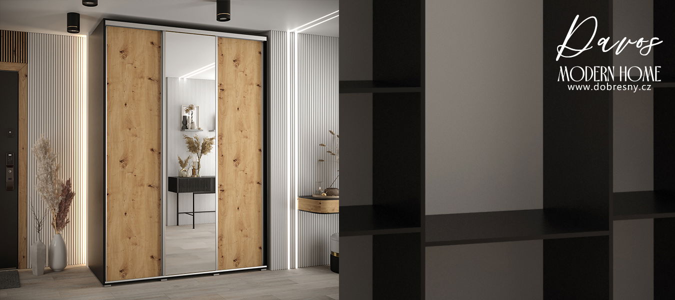 Šatníková skriňa s posuvnými dverami a zrkadlom DAVOS 170cm | Čierna / DUB Artisan / strieborné