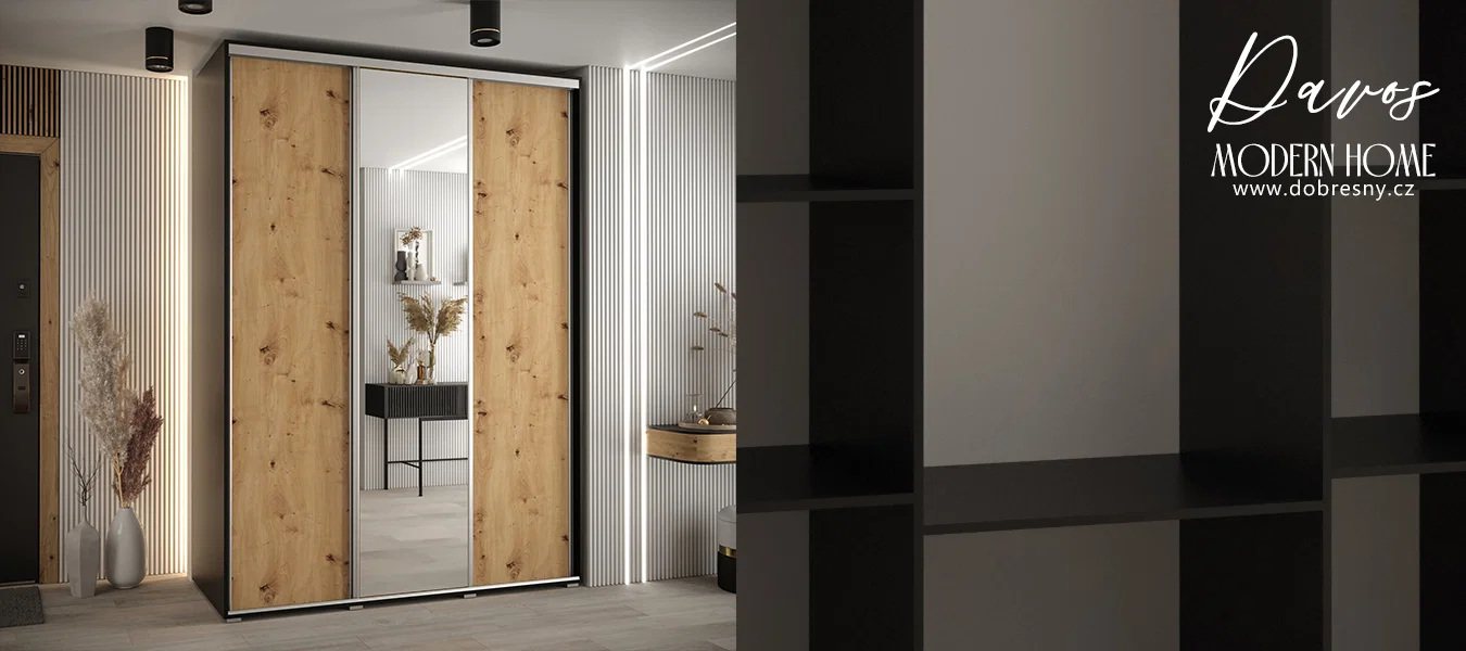 Šatní skříň s posuvnými dveřmi a zrcadlem DAVOS 170cm | Černá / DUB Artisan / stříbrné