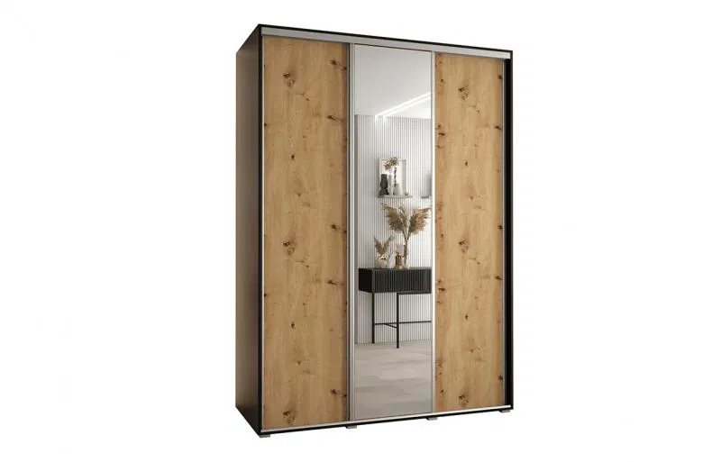 Šatní skříň s posuvnými dveřmi a zrcadlem DAVOS 170cm | Černá / DUB Artisan / stříbrné