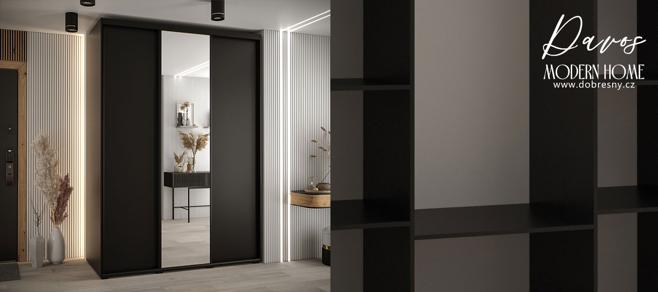Šatníková skriňa s posuvnými dverami a zrkadlom DAVOS 170cm | Čierna / čierne pojazdy