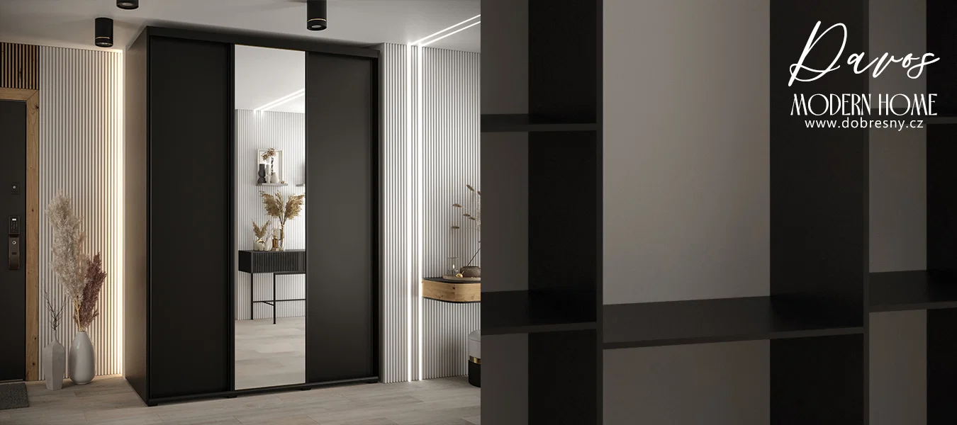 Šatní skříň s posuvnými dveřmi a zrcadlem DAVOS 170cm | Černá / černé pojezdy