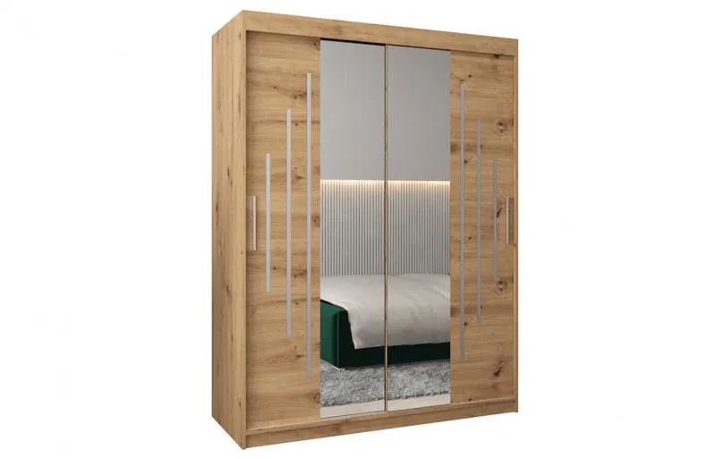 Šatní skříň s posuvnými dveřmi a dvoudílným zrcadlem YORK1 - 150x200cm -Dub Artisan-