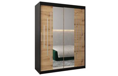 Šatní skříň s posuvnými dveřmi a dvoudílným zrcadlem YORK1 - 150x200cm -Černá-Dub Artisan-