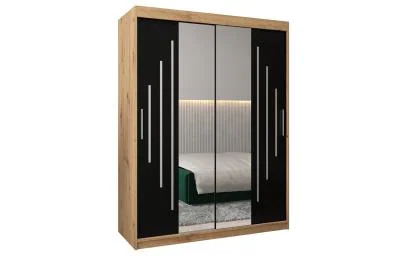 Šatní skříň s posuvnými dveřmi a dvoudílným zrcadlem YORK1 - 150x200cm -Dub Artisan-Černá-