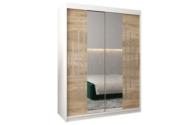 Šatní skříň s posuvnými dveřmi a dvoudílným zrcadlem YORK1 - 150x200cm -Bílá-Dub Sonoma-