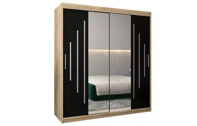 Šatní skříň s posuvnými dveřmi a dvoudílným zrcadlem YORK1 - 180x200cm -Dub Sonoma-Černá-