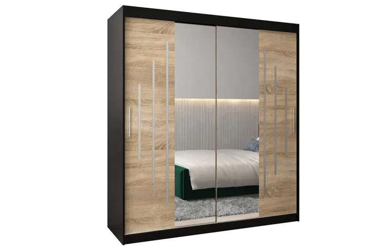 Šatní skříň s posuvnými dveřmi a dvoudílným zrcadlem YORK1 - 180x200cm -Černá-Dub Sonoma-