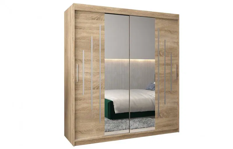Šatní skříň s posuvnými dveřmi a dvoudílným zrcadlem YORK1 - 180x200cm -Dub Sonoma-