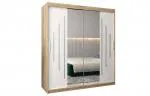 Šatní skříň s posuvnými dveřmi a dvoudílným zrcadlem YORK1 - 180x200cm -Dub Sonoma-Bílá-