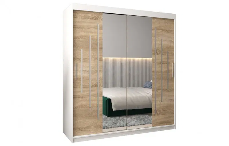 Šatní skříň s posuvnými dveřmi a dvoudílným zrcadlem YORK1 - 180x200cm -Bílá-Dub Sonoma-