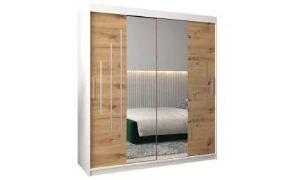 Šatní skříň s posuvnými dveřmi a dvoudílným zrcadlem YORK1 - 180x200cm -Bílá-Dub Artisan-