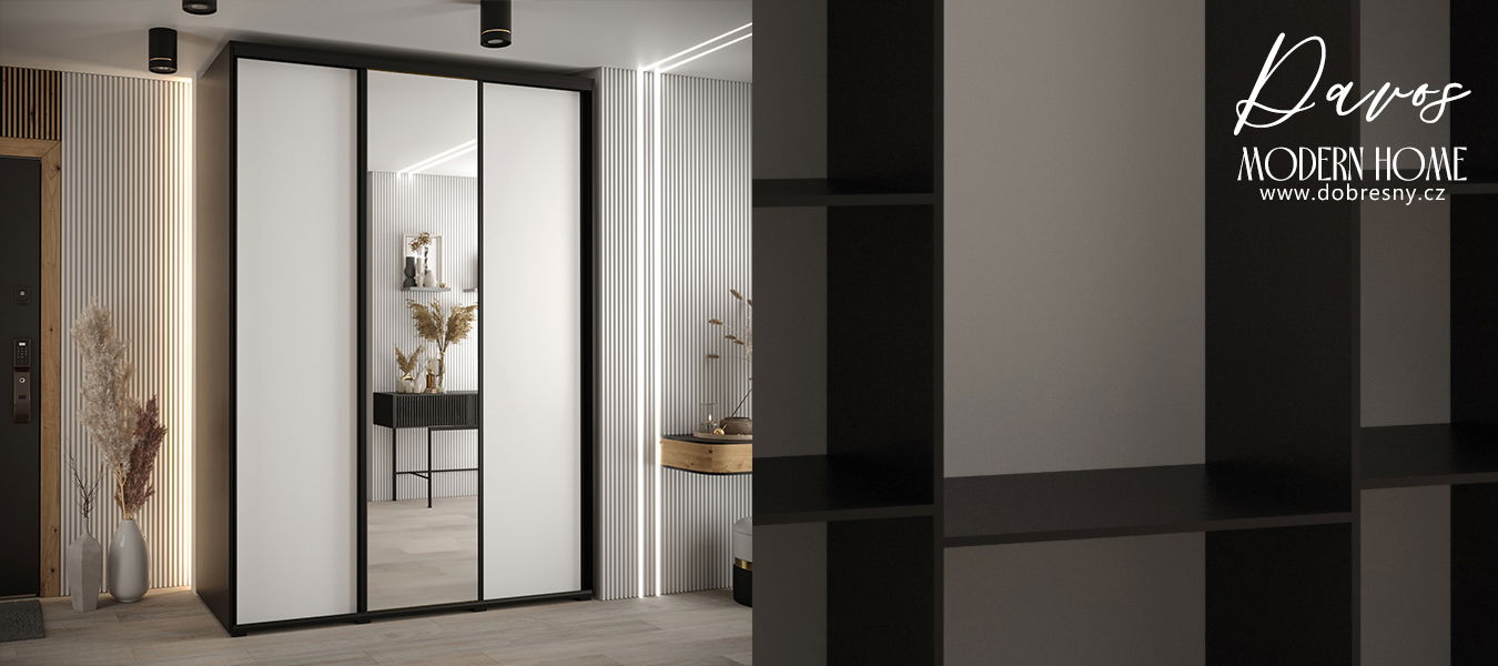 Šatníková skriňa s posuvnými dverami a zrkadlom DAVOS 170cm | Čierna / biela / čierne pojazdy