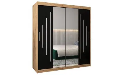 Šatní skříň s posuvnými dveřmi a dvoudílným zrcadlem YORK1 - 180x200cm -Dub Artisan-Černá-