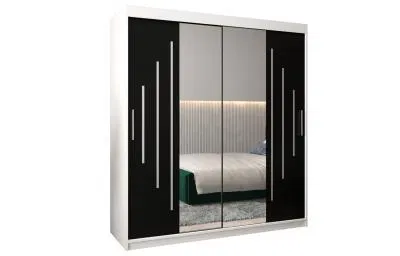 Šatní skříň s posuvnými dveřmi a dvoudílným zrcadlem YORK1 - 180x200cm -Bílá-Černá-