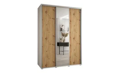 Šatní skříň s posuvnými dveřmi a zrcadlem DAVOS 180cm | Bílá / DUB Artisan / stříbrné