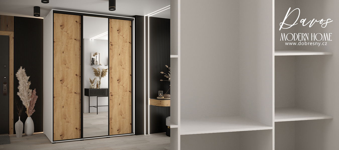 Šatníková skriňa s posuvnými dverami a zrkadlom DAVOS 180cm | Biela / DUB Artisan / čierne pojazdy