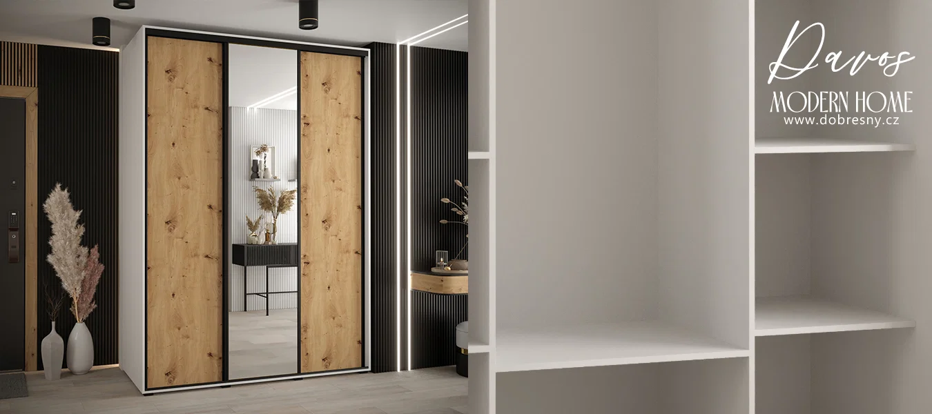 Šatní skříň s posuvnými dveřmi a zrcadlem DAVOS 180cm | Bílá / DUB Artisan / černé pojezdy