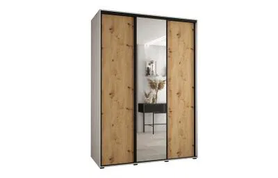 Šatní skříň s posuvnými dveřmi a zrcadlem DAVOS 180cm | Bílá / DUB Artisan / černé pojezdy