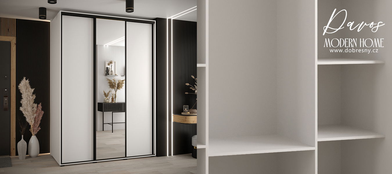 Šatníková skriňa s posuvnými dverami a zrkadlom DAVOS 180 cm | Biela / čierne pojazdy