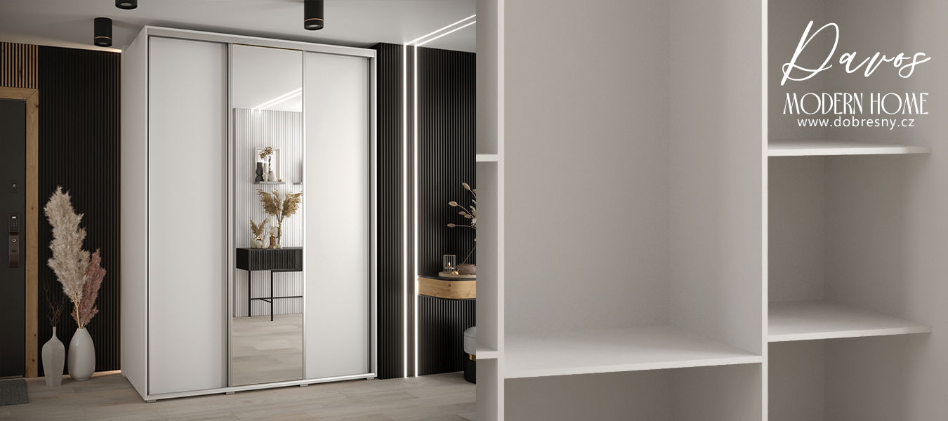 Šatníková skriňa s posuvnými dverami a zrkadlom DAVOS 180cm | Biela / strieborné pojazdy