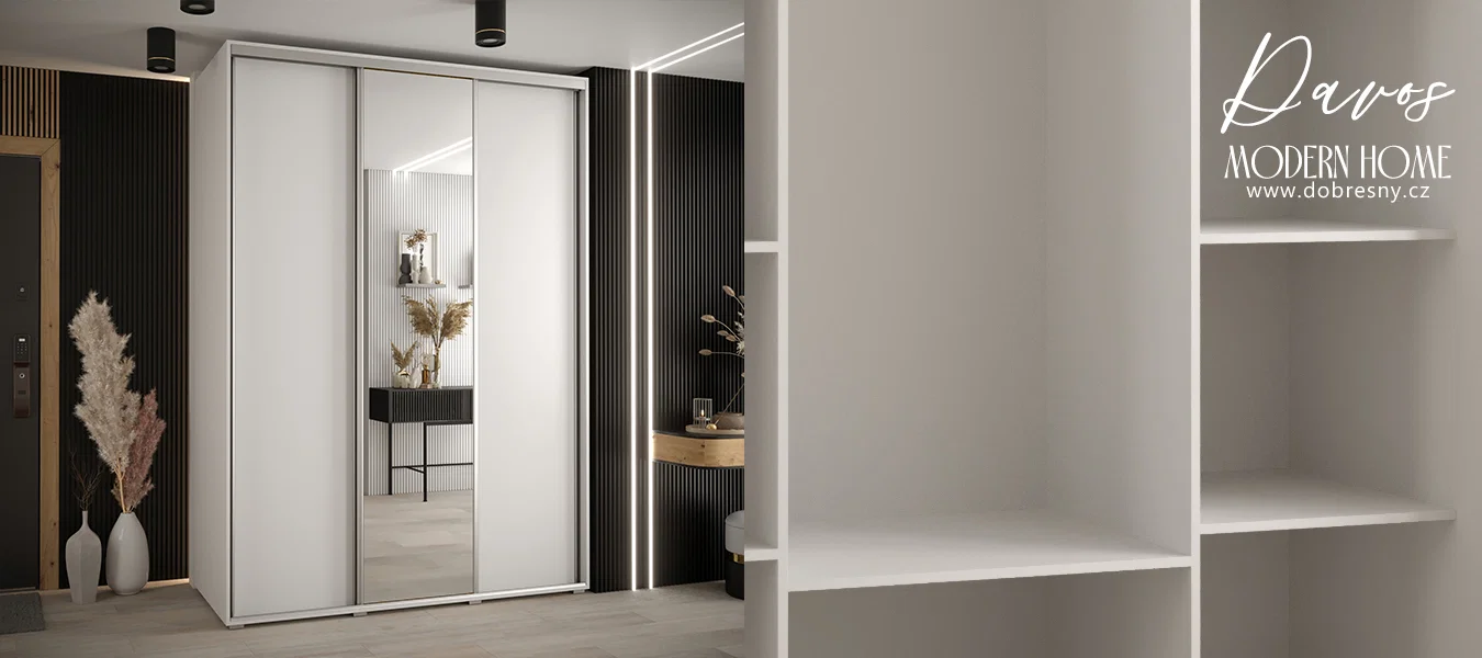 Šatní skříň s posuvnými dveřmi a zrcadlem DAVOS 180cm | Bílá / stříbrné pojezdy