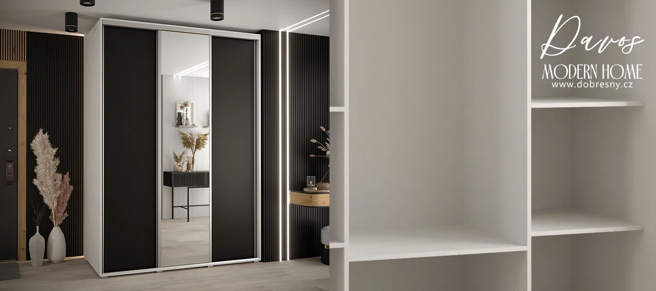 Šatní skříň s posuvnými dveřmi a zrcadlem DAVOS 180cm | Bílá / černá / stříbrné pojezdy