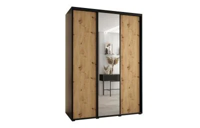 Šatní skříň s posuvnými dveřmi a zrcadlem DAVOS 180cm | Černá / DUB Artisan / černé pojezd