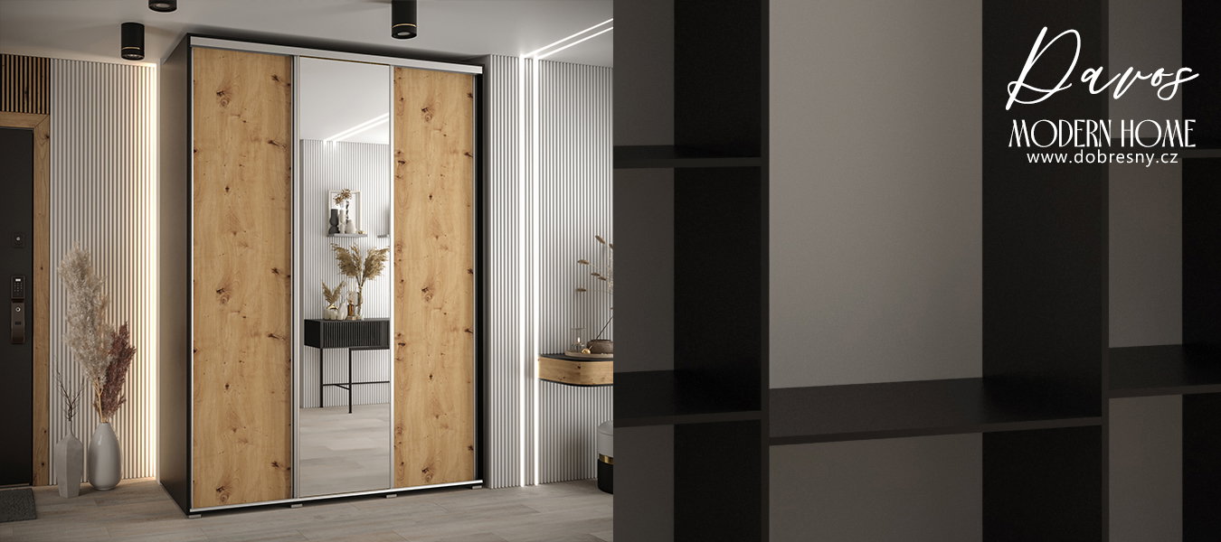 Šatníková skriňa s posuvnými dverami a zrkadlom DAVOS 180cm | Čierna / DUB Artisan / strieborné