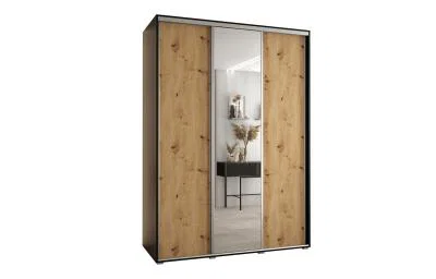 Šatní skříň s posuvnými dveřmi a zrcadlem DAVOS 180cm | Černá / DUB Artisan / stříbrné