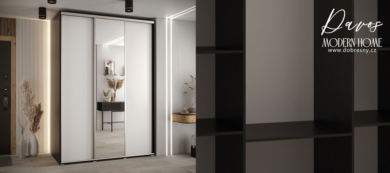 Šatníková skriňa s posuvnými dverami a zrkadlom DAVOS 180cm | Čierna / biela / strieborné pojazdy