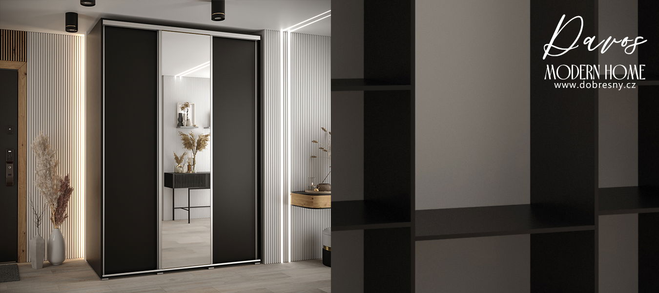 Šatníková skriňa s posuvnými dverami a zrkadlom DAVOS 180cm | Čierna / strieborné pojazdy
