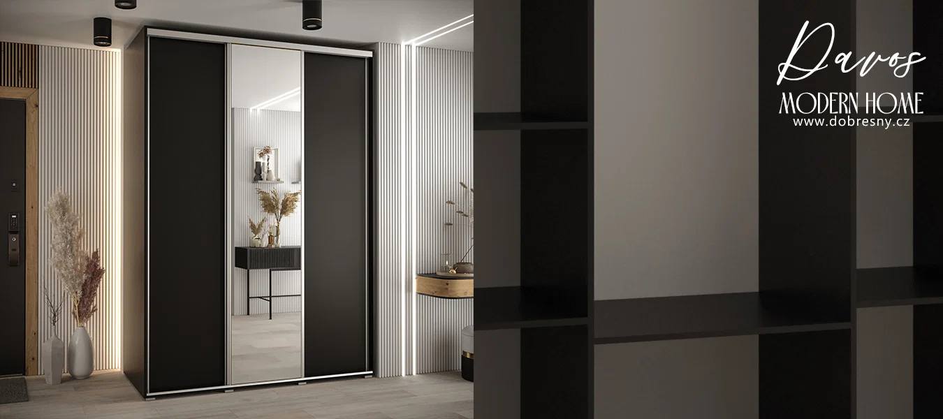 Šatní skříň s posuvnými dveřmi a zrcadlem DAVOS 180cm | Černá / stříbrné pojezdy