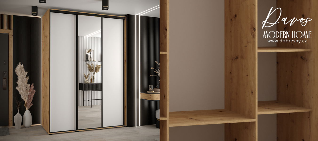 Šatníková skriňa s posuvnými dverami a zrkadlom DAVOS 180cm | DUB Artisan / biela / čierne pojazdy