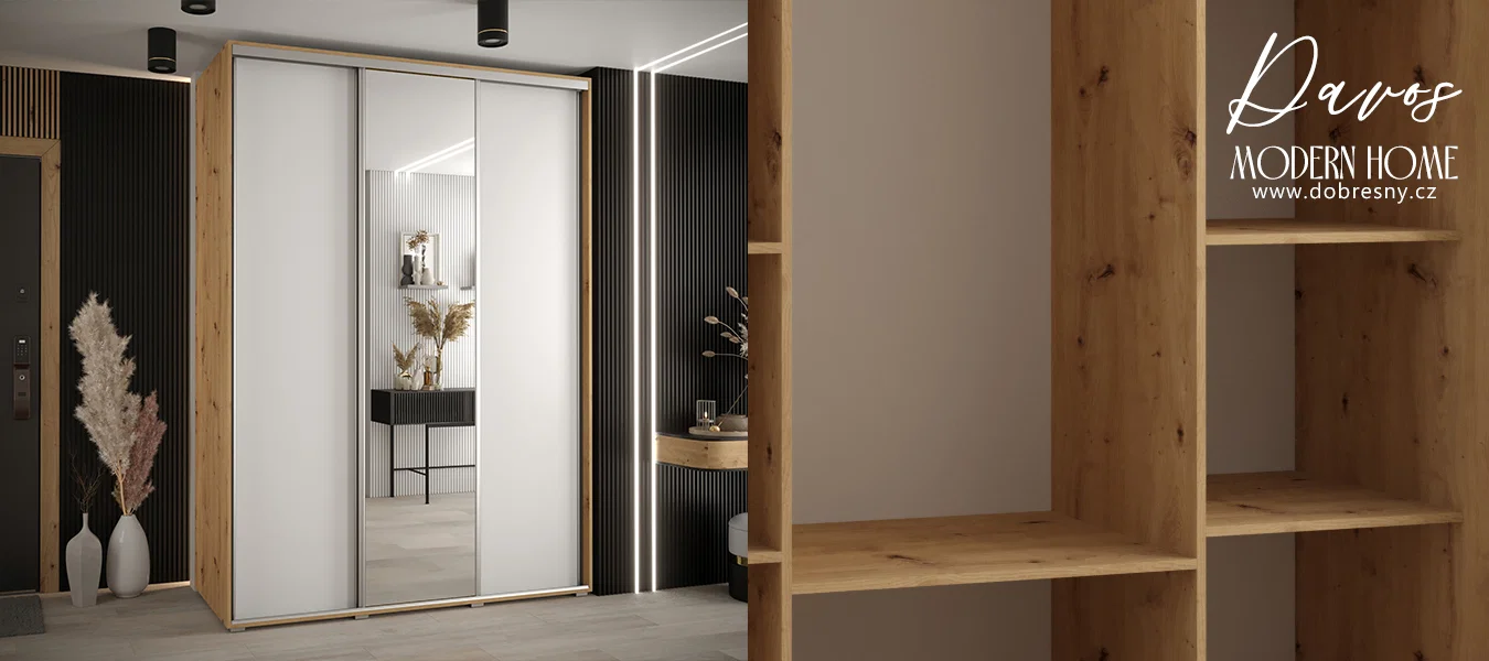 Šatní skříň s posuvnými dveřmi a zrcadlem DAVOS 180cm | DUB Artisan / bílá / stříbrné