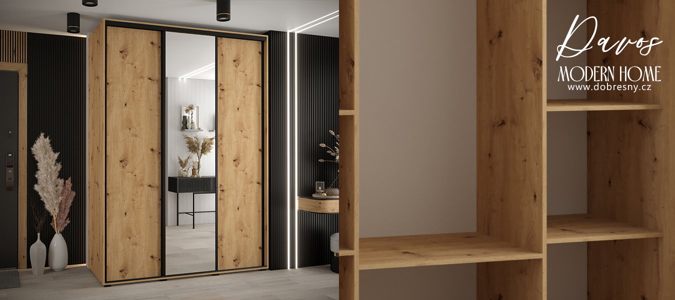 Šatníková skriňa s posuvnými dverami a zrkadlom DAVOS 180cm | DUB Artisan / čierne pojazdy