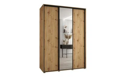 Šatní skříň s posuvnými dveřmi a zrcadlem DAVOS 180cm | DUB Artisan / černé pojezdy