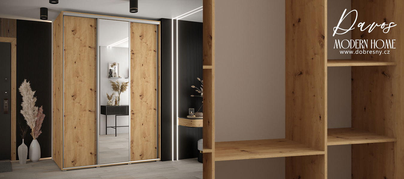 Šatníková skriňa s posuvnými dverami a zrkadlom DAVOS 180cm | DUB Artisan / strieborné pojazdy